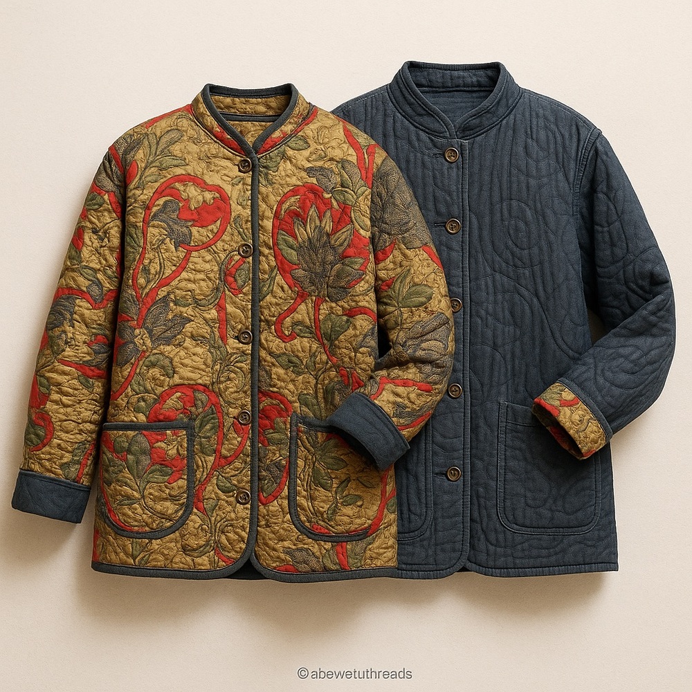Reversible Quilted Floral Jacket Indigo Block Print Boho Coat M/L